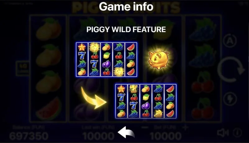 Piggy Fruits - schermata di gioco con griglia 5x4 e simboli di frutta